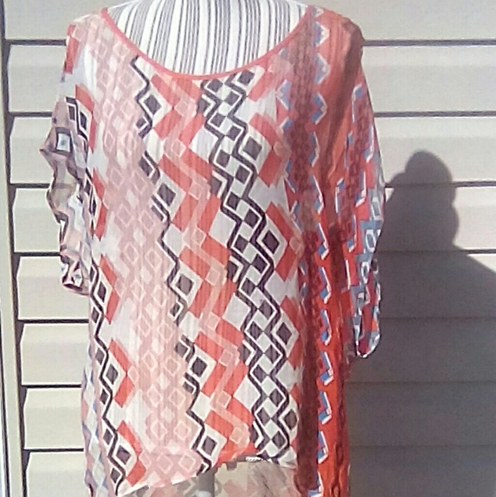 Sam & Lavi Orange & Multi Geometric Print Sheer Short Sleeve Top Size Small